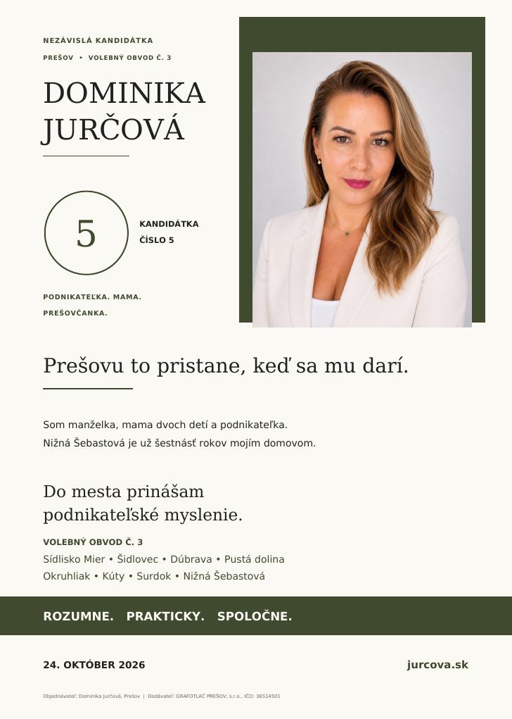 Volebný leták Dominiky Jurčovej – kandidátka číslo 5